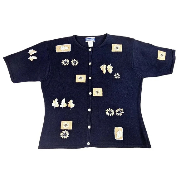 Vintage Pendleton Cardigan Womens Large Navy Blue Short Sleeve Knit Flower Leave - Picture 1 of 13